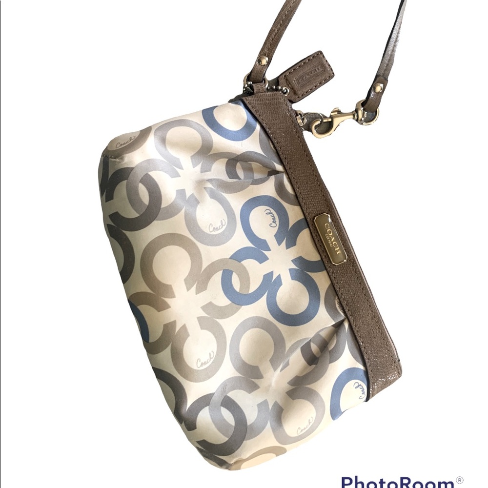 Coach Signature Wristlet Mini Bag, Tan, Blue & Taupe. Nylon and leather